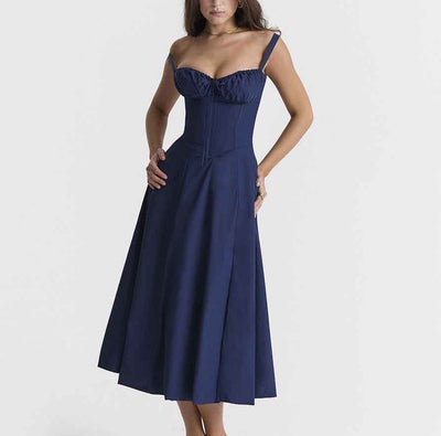 Corset Lace-Up Back Midi Dress - Wide Strap Side Slit