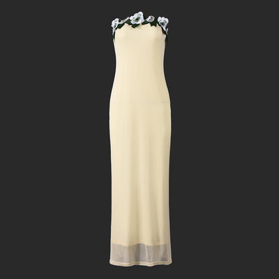 Strapless Backless Maxi Dress - 3D Floral Detail - Fashions Envy