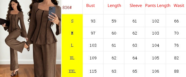 Size chart for wide-leg pants set showing bust, length, sleeve, pants length, and waist