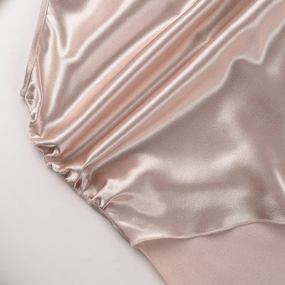 Champagne satin dress drape with gathered fabric and smooth sheen