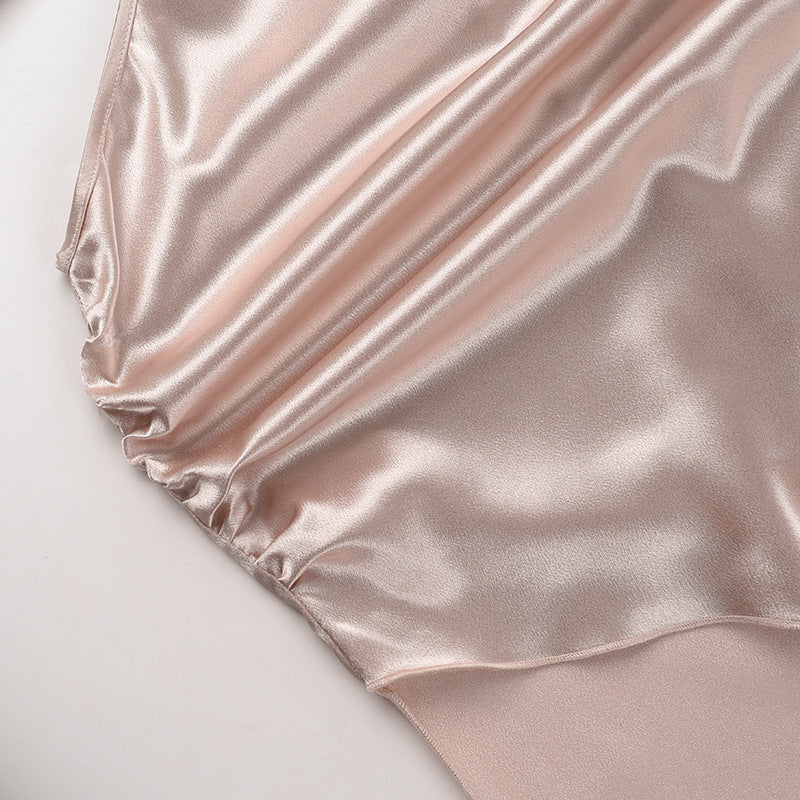 Champagne satin dress drape with gathered fabric and smooth sheen
