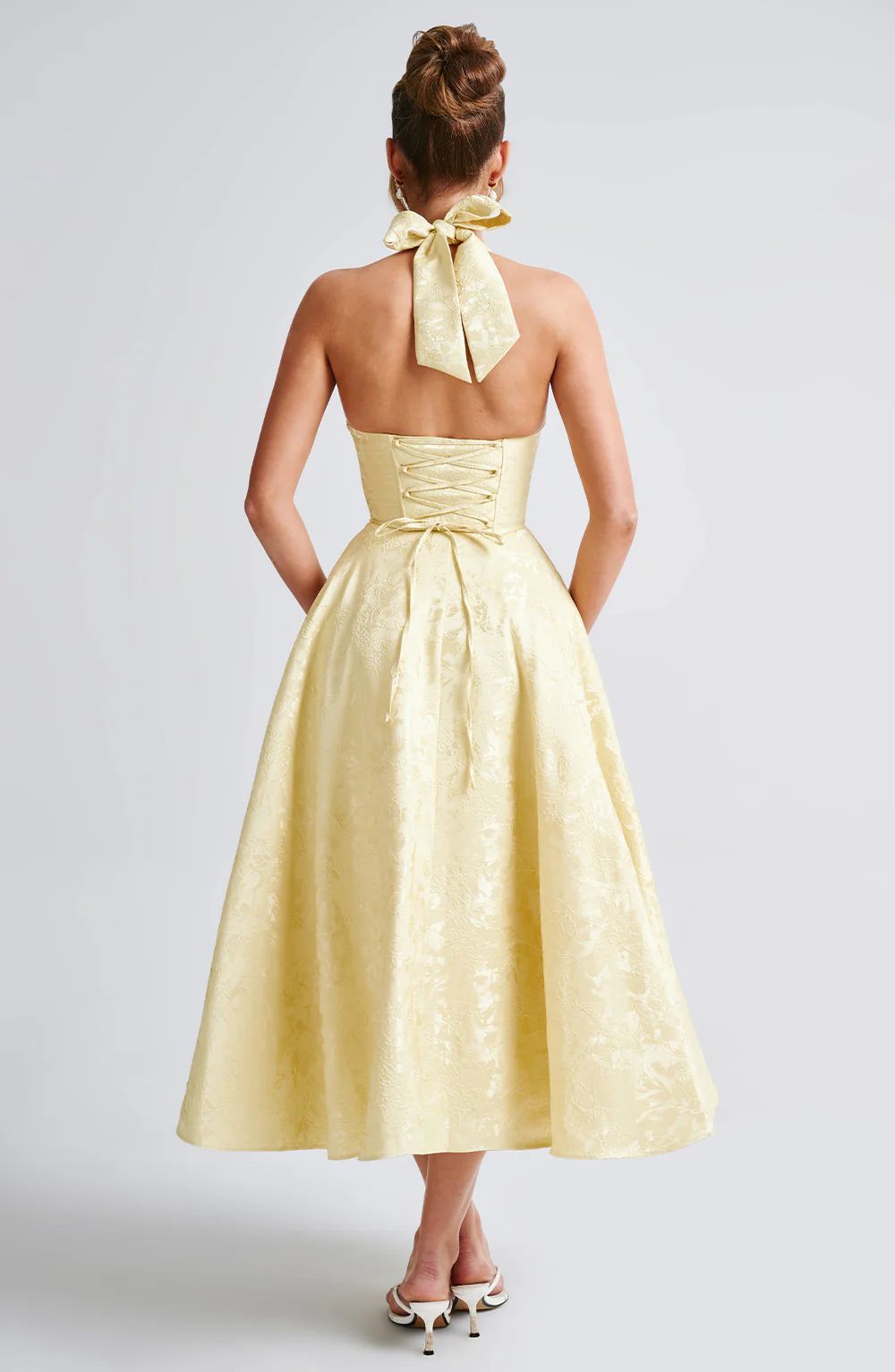 Jacquard Halter Midi Dress - Deep V Corset Waist A-Line Skirt