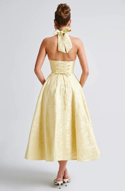 Jacquard Halter Midi Dress - Deep V Corset Waist A-Line Skirt
