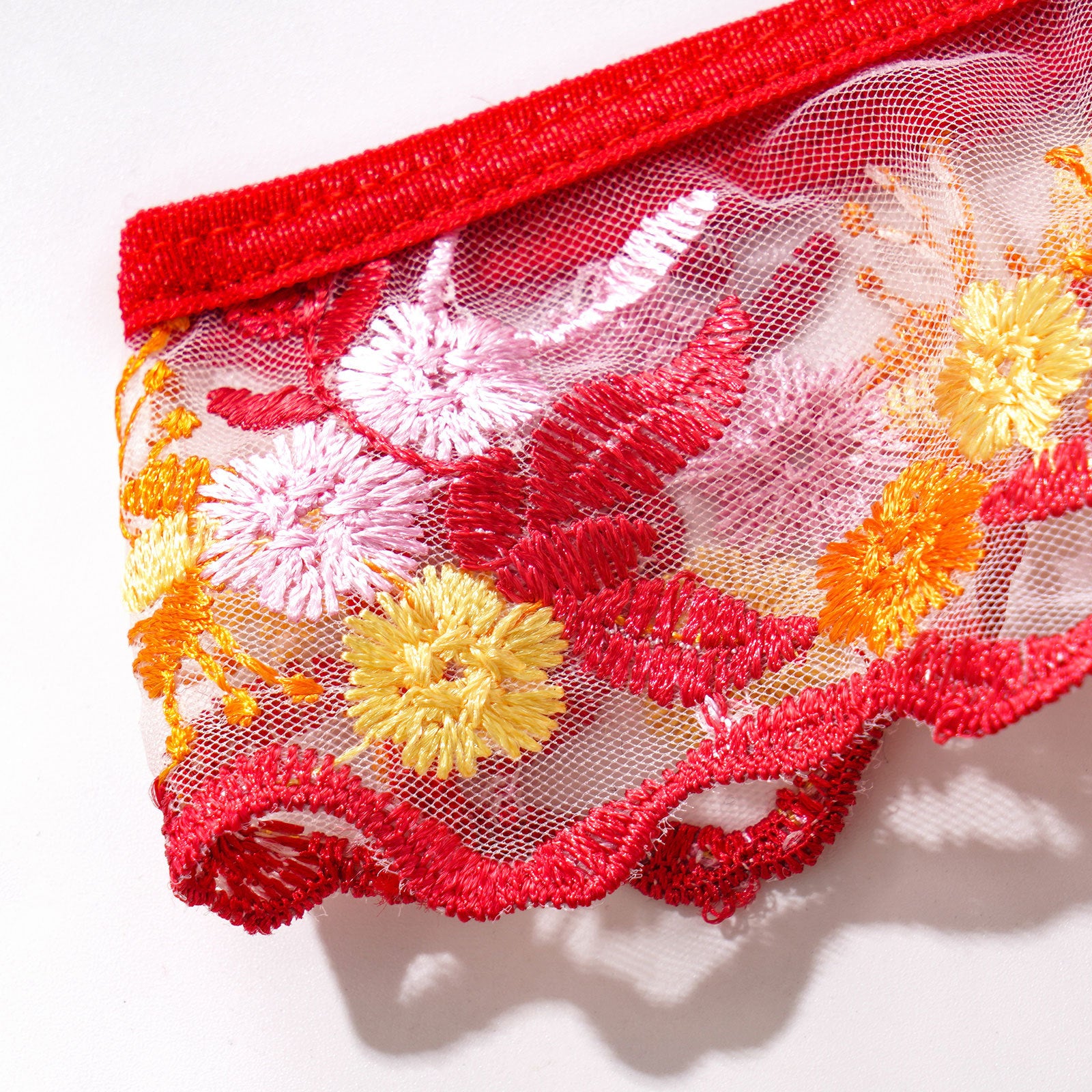 Red Embroidered Lingerie Set - Underwire Bra Garter Belt Thong