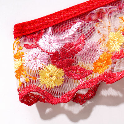 Red Embroidered Lingerie Set - Underwire Bra Garter Belt Thong
