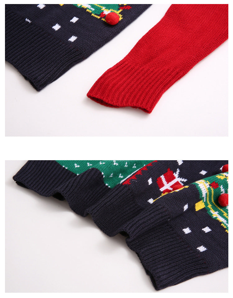 Women's Christmas knit sweater cuffs in navy with colorful holiday motifs; red trim