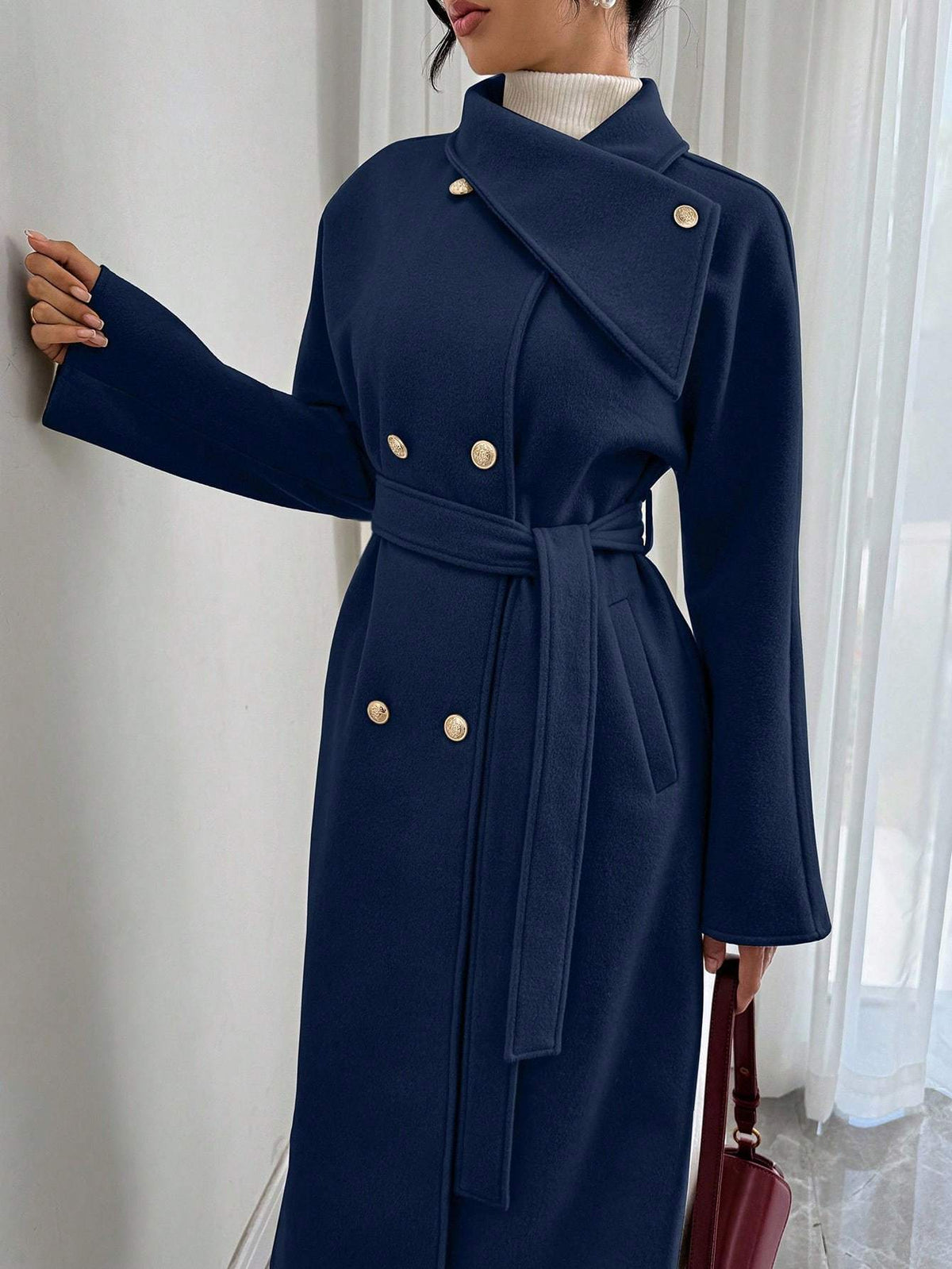 Double-Breasted Long Coat - Waist Tie & Wide Lapels