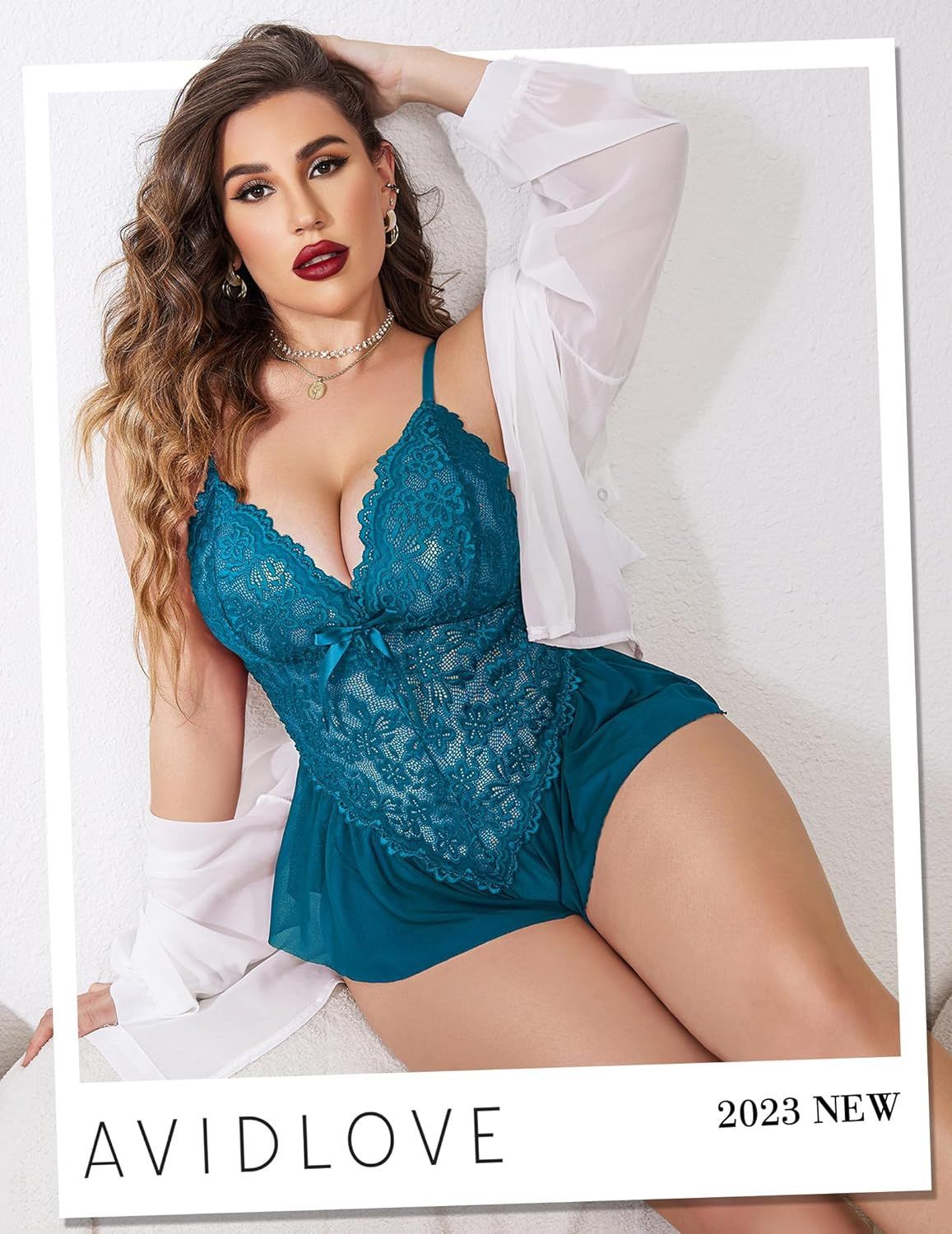 Plus Size Lace Lingerie Romper - Deep V-Neck Ruffle Hem