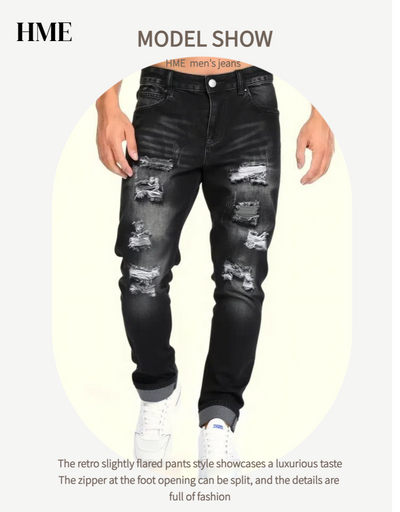 A model wearing distressed black jeans with a slightly flared retro leg, shown from the waist down on a light cream background with promotional text.