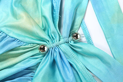 Turquoise ruched off-shoulder bodice detail with metal ring ties