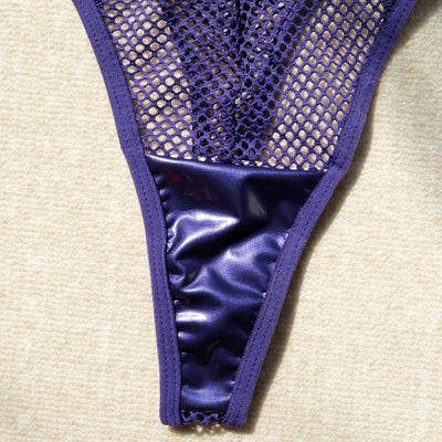 Sheer Mesh Lingerie Set - Glossy Panels And Lace-Up Front