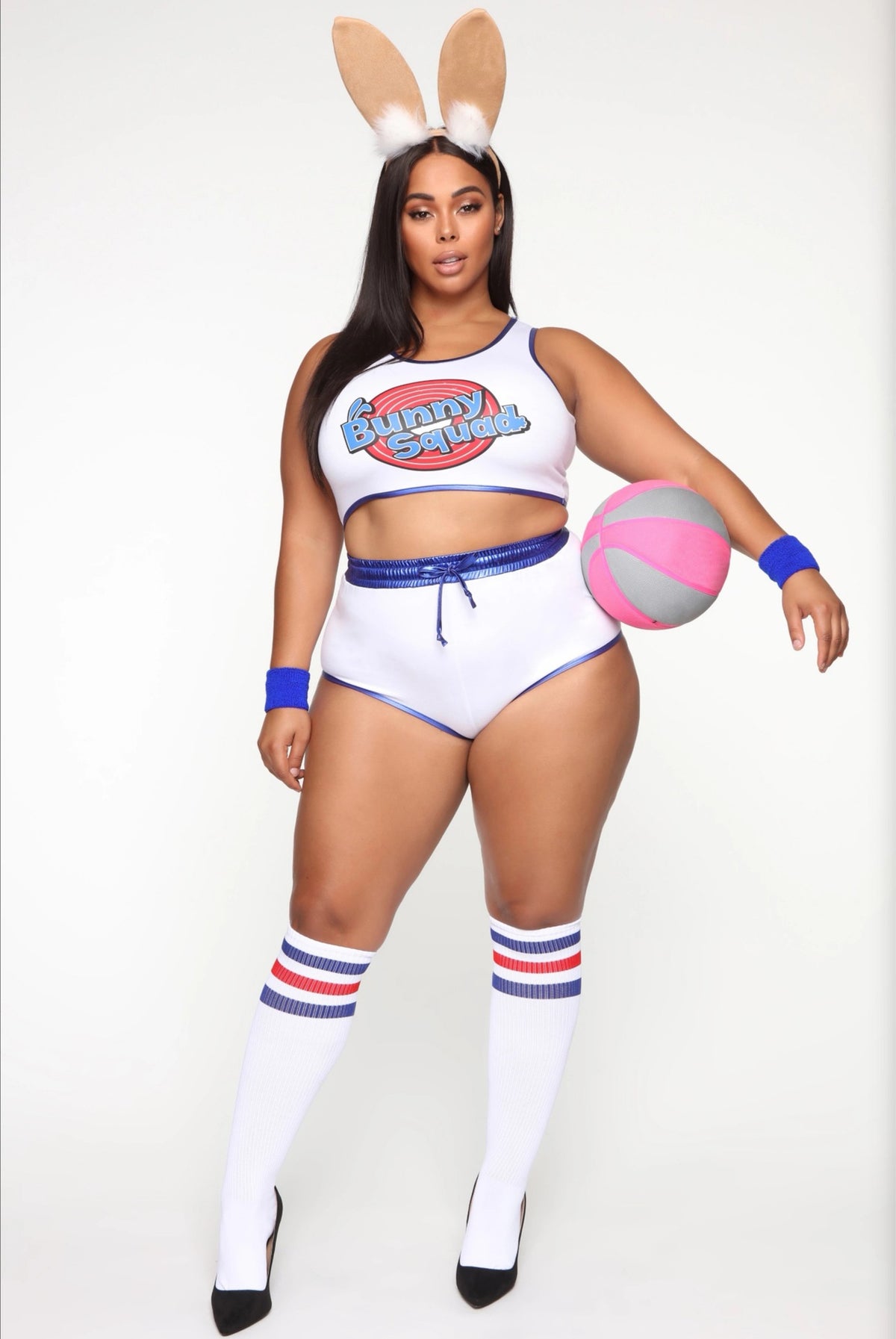 White cropped cheer tank top and matching shorts set with blue trim and drawstring ties