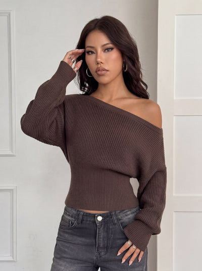 Off-Shoulder Knit Sweater - Wide Ribbed Waist Pullover
