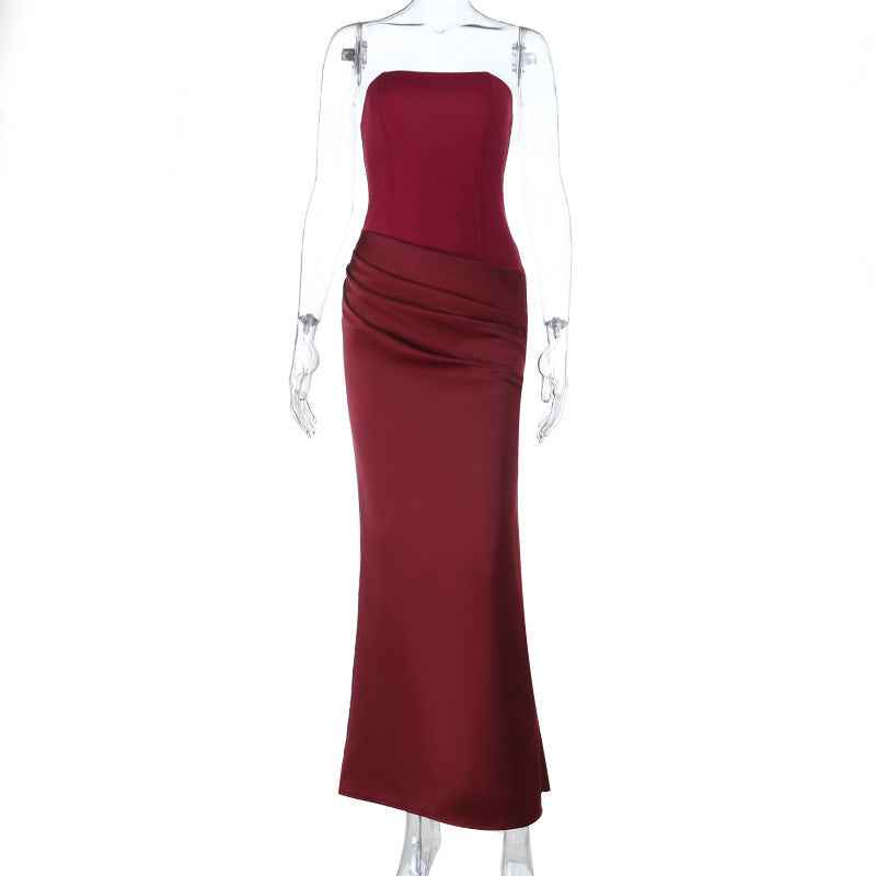 Burgundy Strapless Satin Maxi Dress - Slim Fit Prom Gown