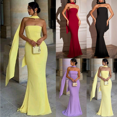 Strapless Ribbon-Trimmed Formal Gown - Fitted Sheath Dress