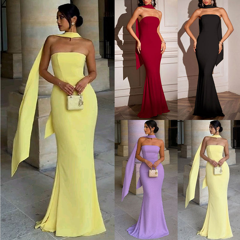 Strapless Ribbon-Trimmed Formal Gown - Fitted Sheath Dress