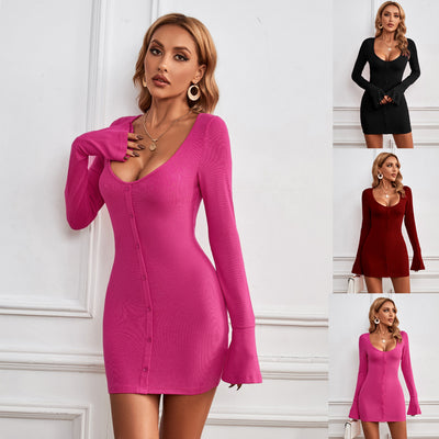 European and American style sexy hip hugging skirt single breasted U-neck knitted long sleeved dress