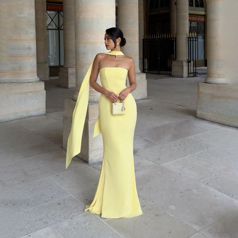 Strapless Ribbon-Trimmed Formal Gown - Fitted Sheath Dress