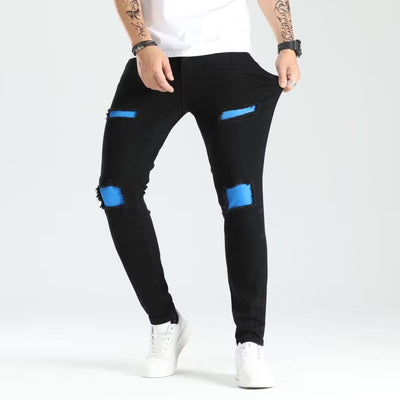 Men's Ripped Skinny Jeans - Contrast Patch Stretch Denim
