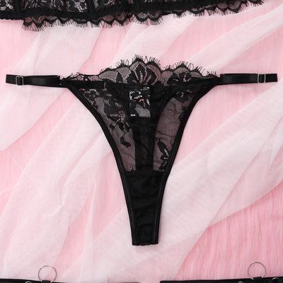 Black Floral Lace Lingerie Set - Longline Bra And Thong