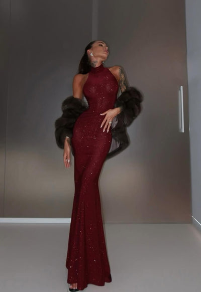 Mock Neck Sequin Prom Dress - Sleeveless Bodycon Gown