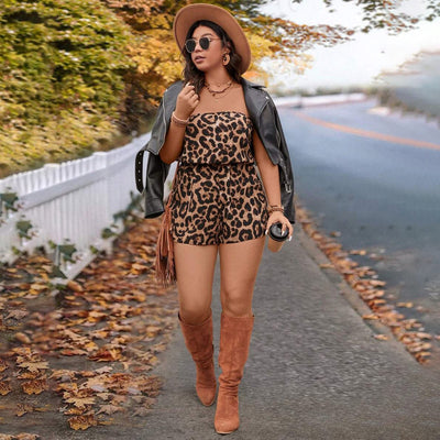Leopard print strapless romper with gathered bodice and relaxed shorts