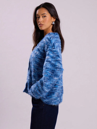 Melange Fleece Long Sleeve Cardigan - Vintage Deep V-Neck