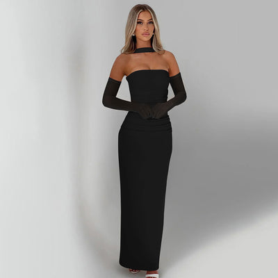 Scarf Tie Strapless Maxi Dress - Column Gown with Mesh Gloves