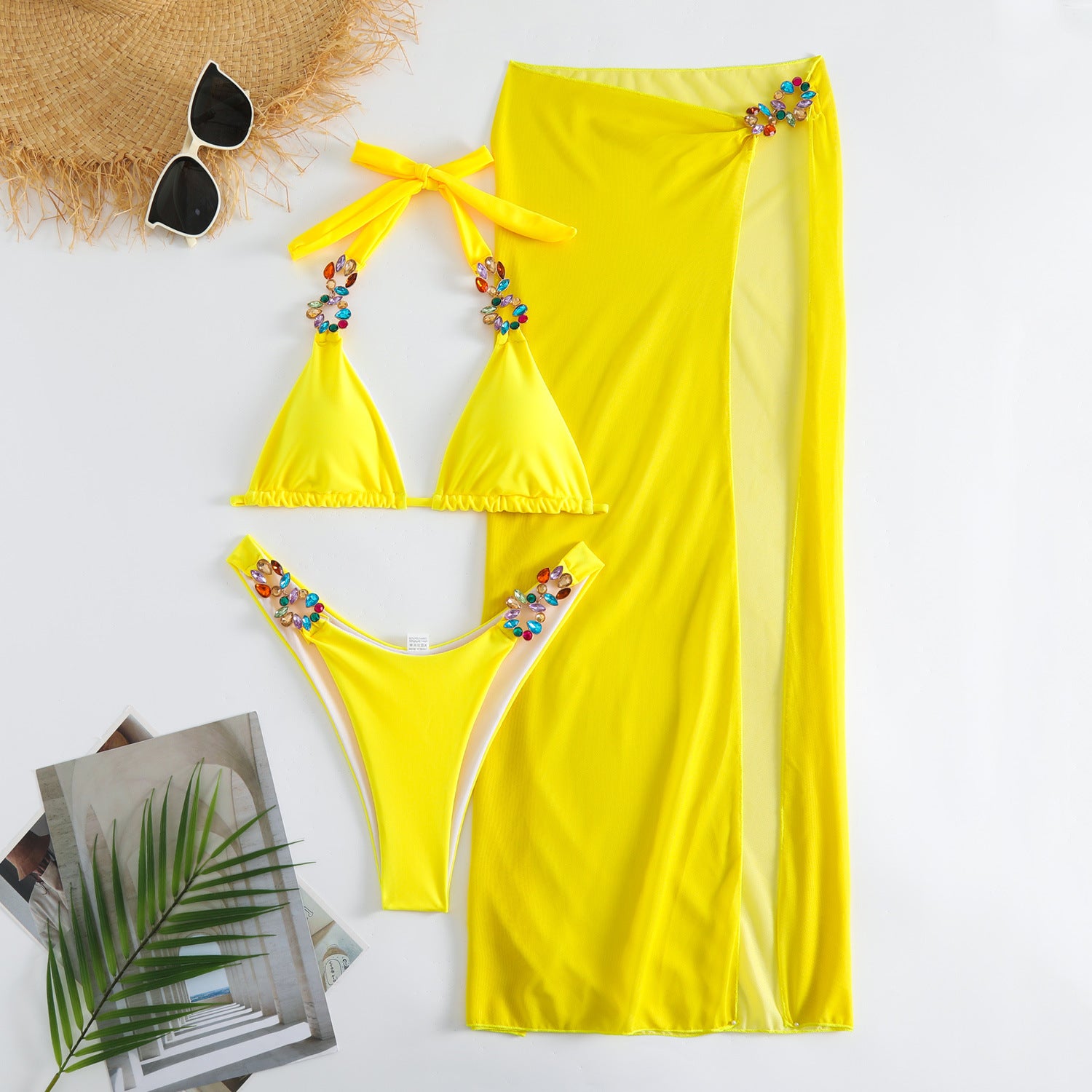 Three-Piece Bikini Set - Rhinestone Embellished Swimsuit - Fashions Envy