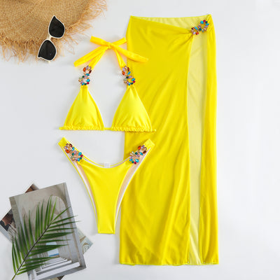 Three-Piece Bikini Set - Rhinestone Embellished Swimsuit - Fashions Envy