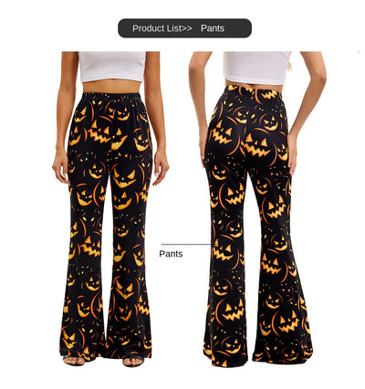 Women's Halloween flared trousers with orange jack-o-lantern and bat graphic print