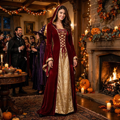 Halloween Medieval Costume Dress - Hood and Lace-Up Bodice