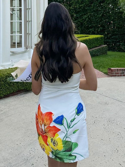 Strapless Floral Mini Dress - White Bodycon Style
