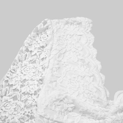 White lace bodysuit fabric close-up with textured floral pattern