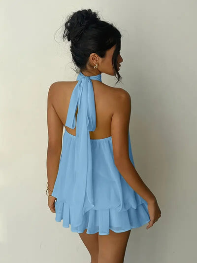 Backless Halter Neck Tiered Mini Dress - Chiffon Vacation Dress