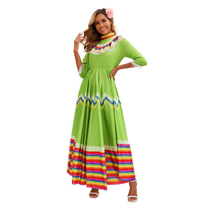 Folkloric Maxi Skirt Costume Dress - Rainbow Stripe Ruffle Hem