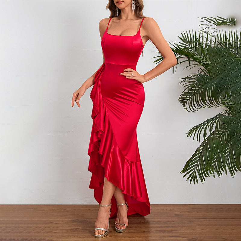 Satin Ruffle Hem Maxi Dress - Spaghetti Strap Asymmetric Slit Gown