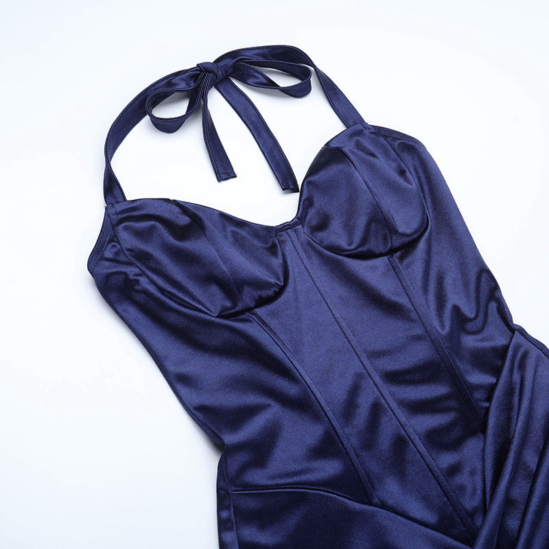 Satin Maxi Dress - Halter Neck Slit Dark Blue - Fashions Envy