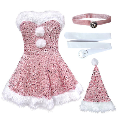 Sequin Santa Mini Dress - Strapless Faux Fur Trim Holiday Set
