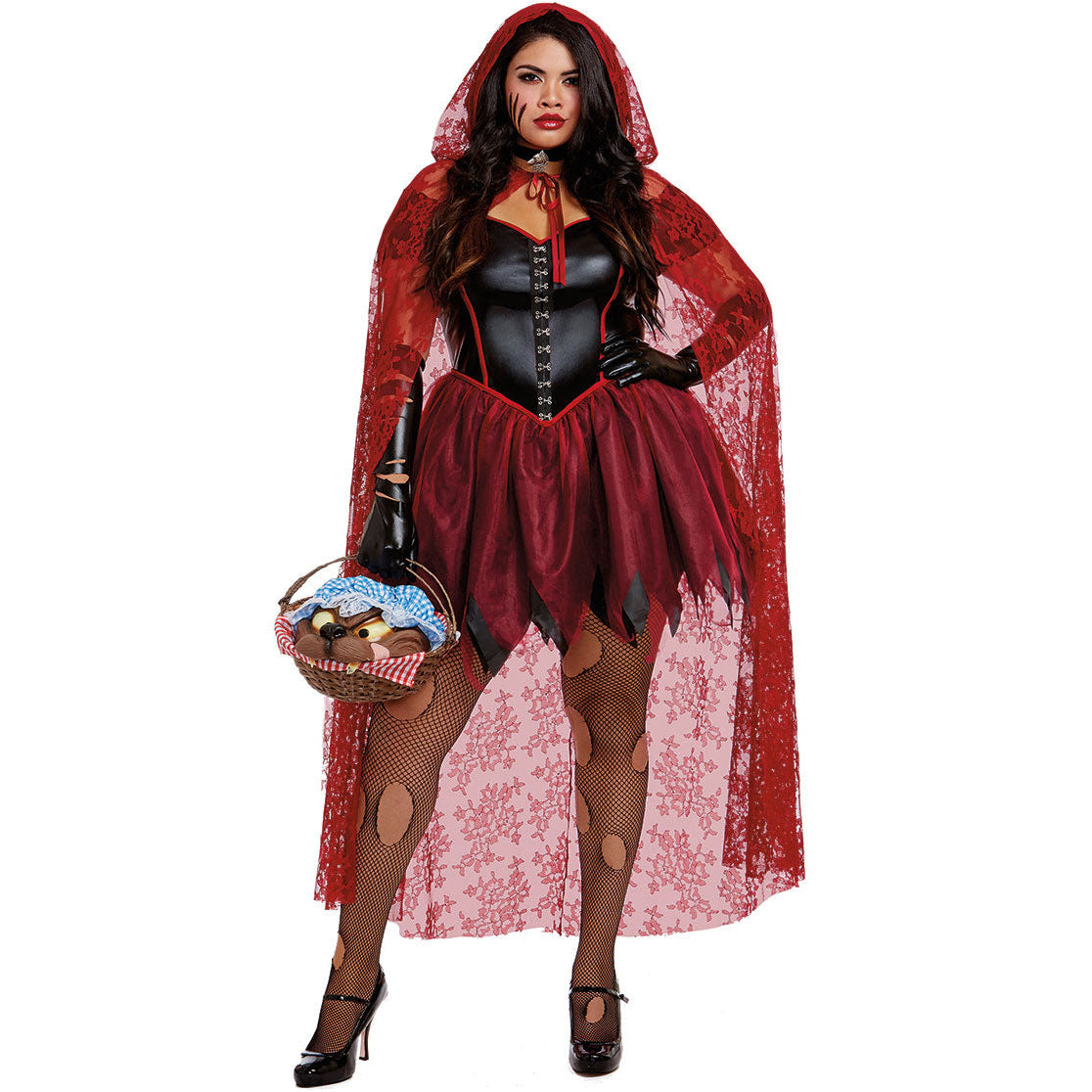 Halloween Red Riding Hood Costume - Patent Corset Dress with Lace Cape