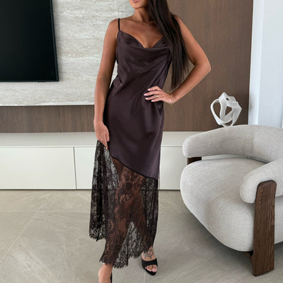Lace Trim Camisole Dress - V-Neck Satin Maxi