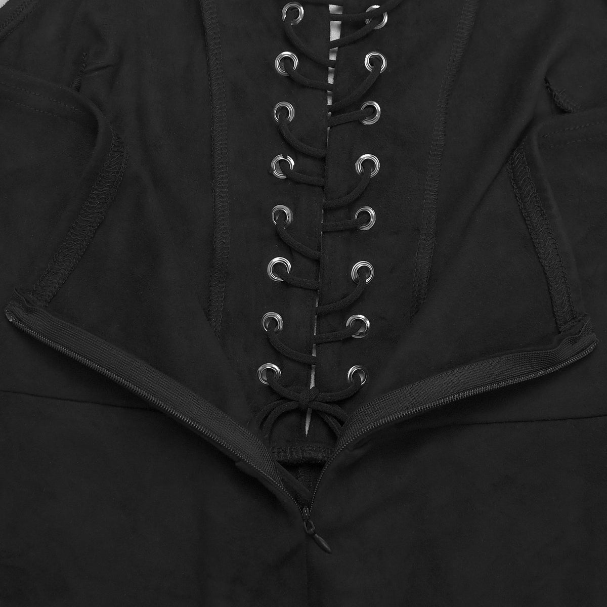 Black lace-up front jumpsuit with V notch and tie at center