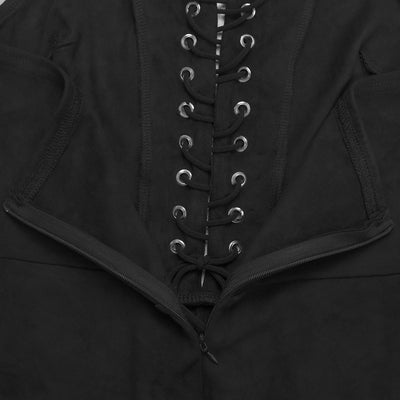 Black lace-up front jumpsuit with V notch and tie at center