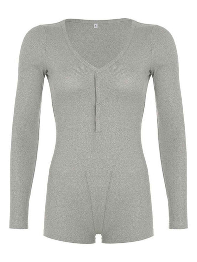 Deep V-Neck Ribbed Romper - Long Sleeve Button Front