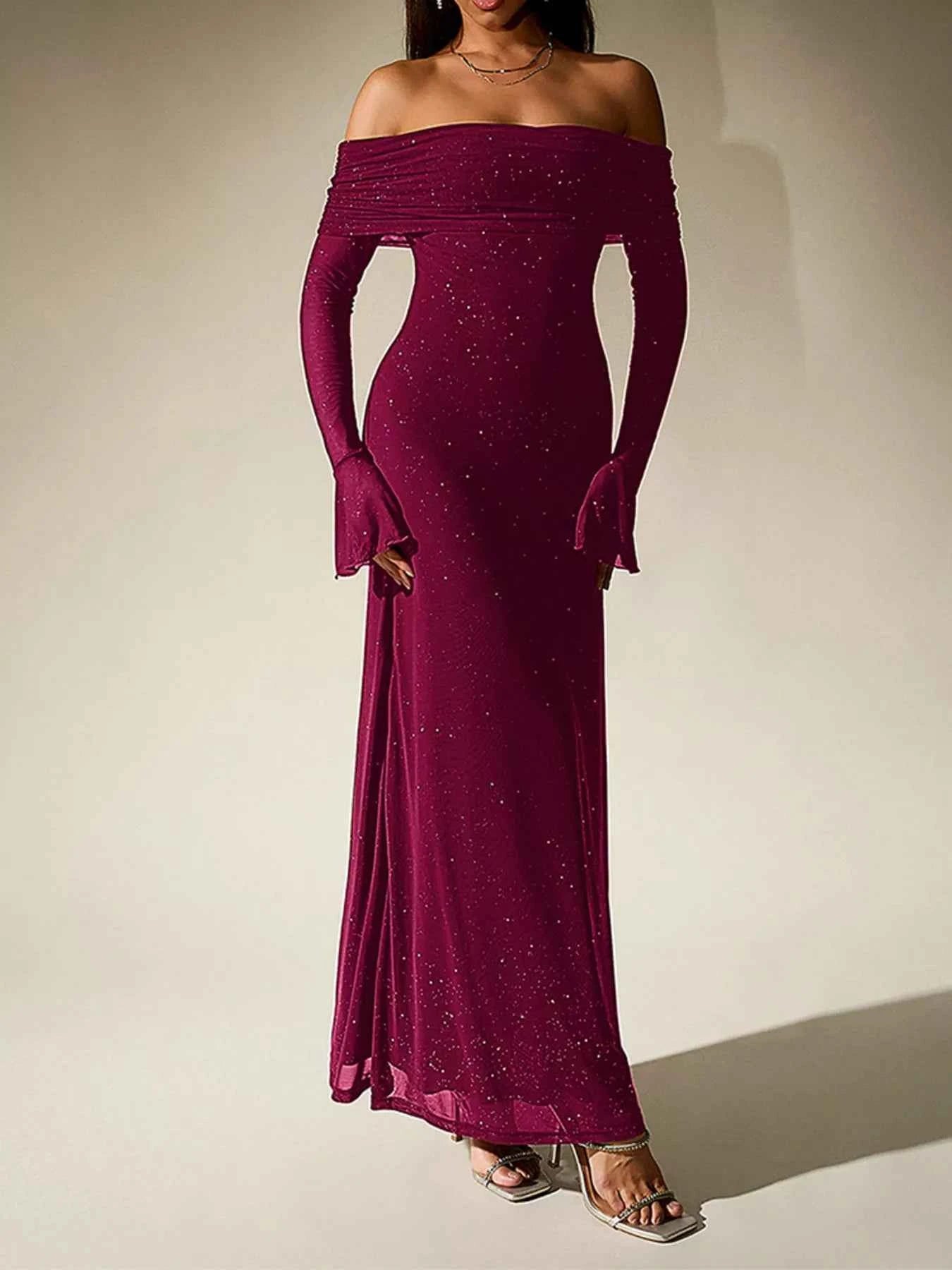 Glitter Off-Shoulder Maxi Dress