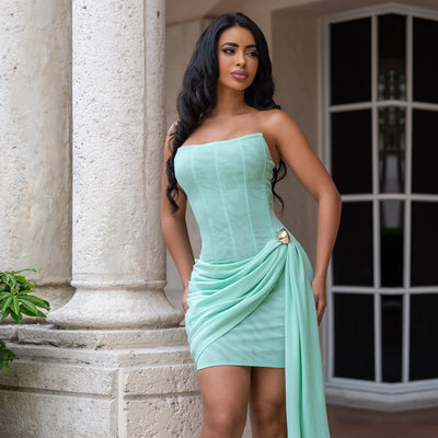 Strapless Corset Mini Dress - Draped Skirt and Side Train