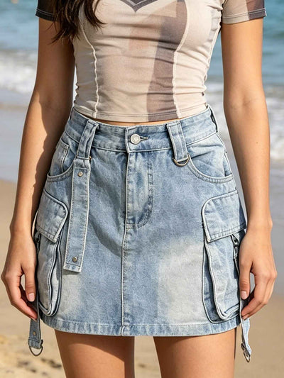 Blue Multi-Pocket Cargo Denim Pencil Skirt - Slim-Fit Washed