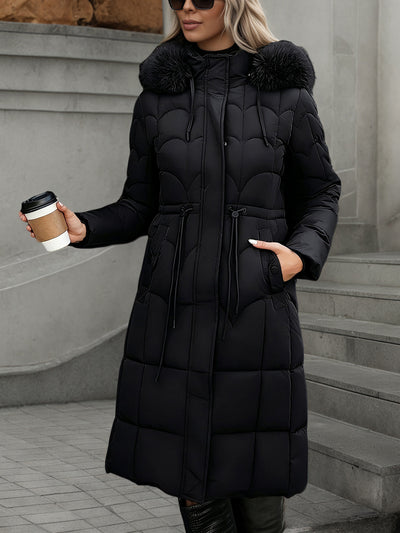 Scallop-Quilted Long Puffer Coat - Faux-Fur Trim Hood