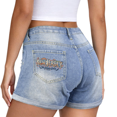 Light Wash New Jersey Garden State Denim Shorts - Pocket Print