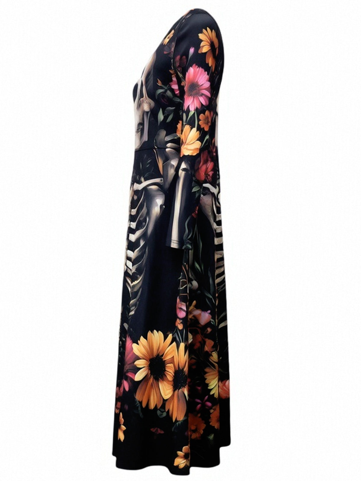 Black long-sleeve midi dress with colorful floral and skeleton print